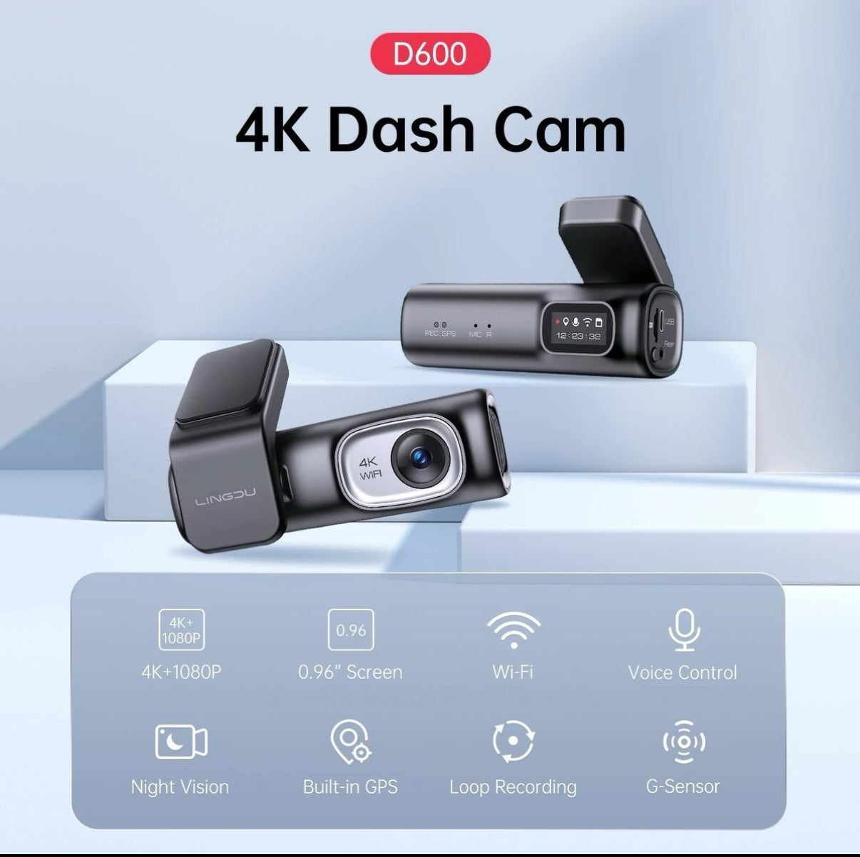 LINGDU D600 4K Dash Cam | GPS, 5G Wi-Fi, Motion Detection, 24-Hour Parking Monitor