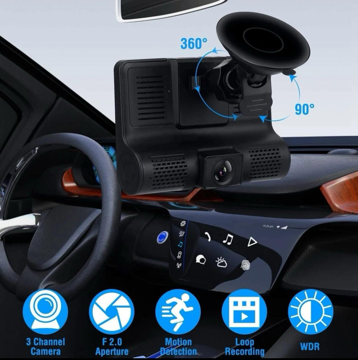 1080p 3-Lens Dash Cam | Night Vision, SD Card, Front & Rear Camera