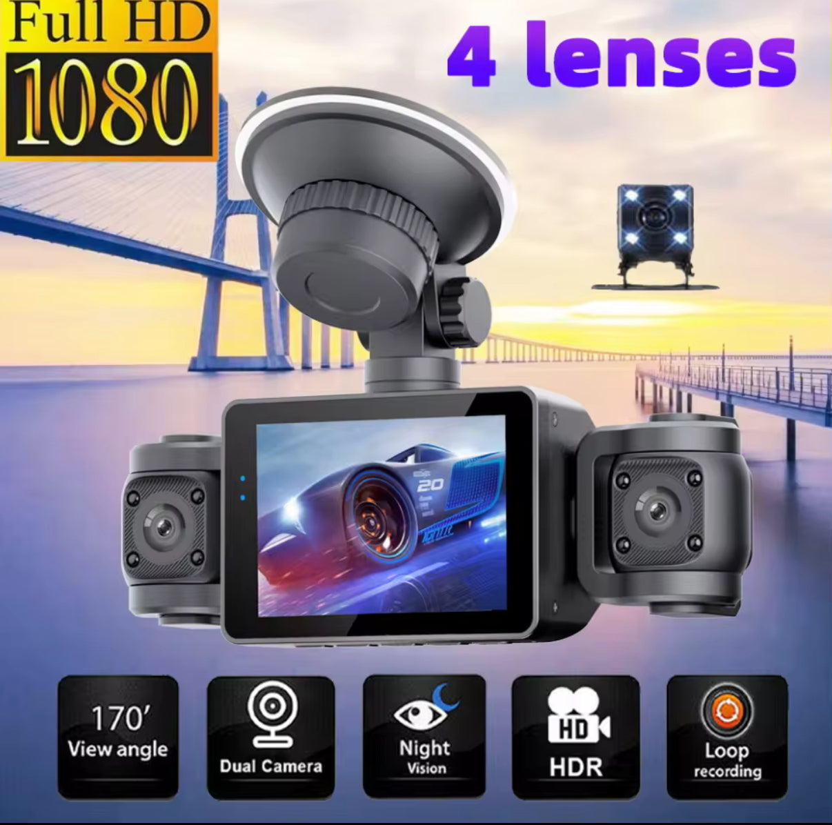 Black Box Video Recorder 4-Channel Dash Cam with 2-Inch IPS Screen, 4 Cameras, and Night Vision Features
