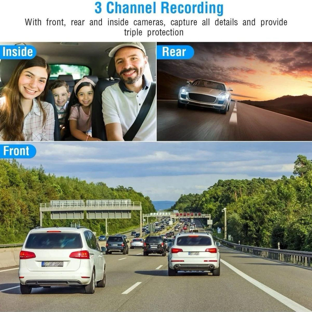 1080p 3-Lens Dash Cam | Night Vision, SD Card, Front & Rear Camera